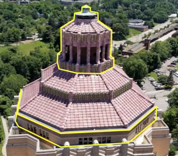 Scaffolding and fencing to accompany Asheville City Hall belfry repair