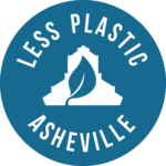 less plastic asheville logo a blue circle with leaf and outline of city hall