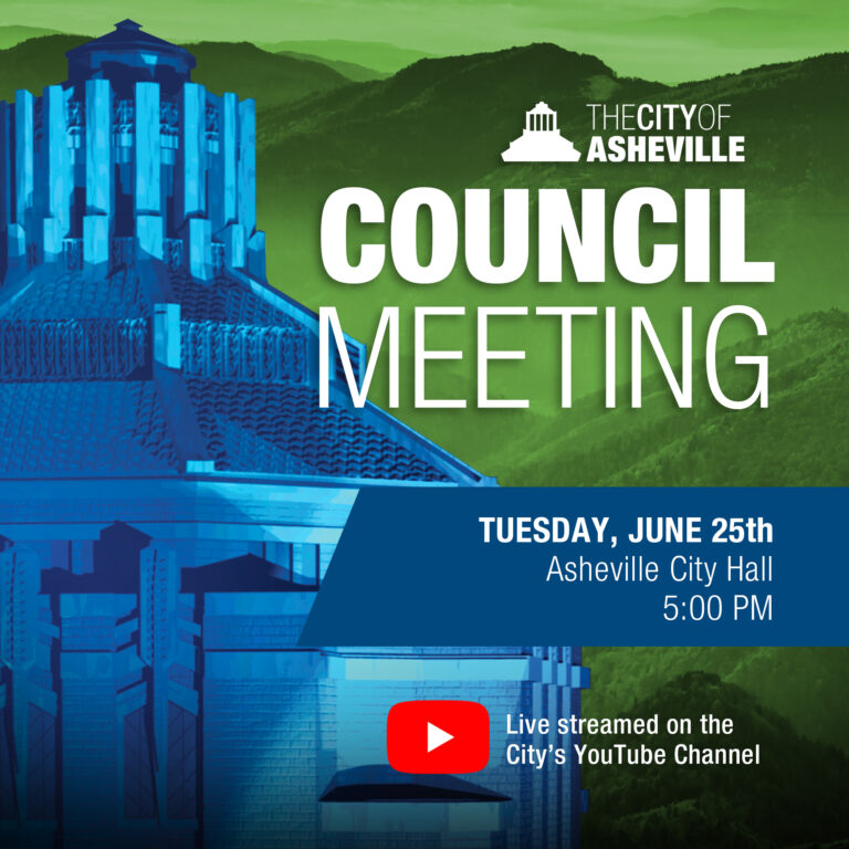 green background blue city hall with meeting information
