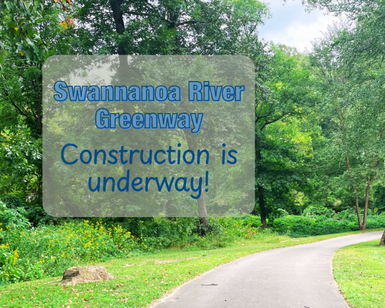 Greenway image with graphic stating construction of Swannanoa Greenway is underway