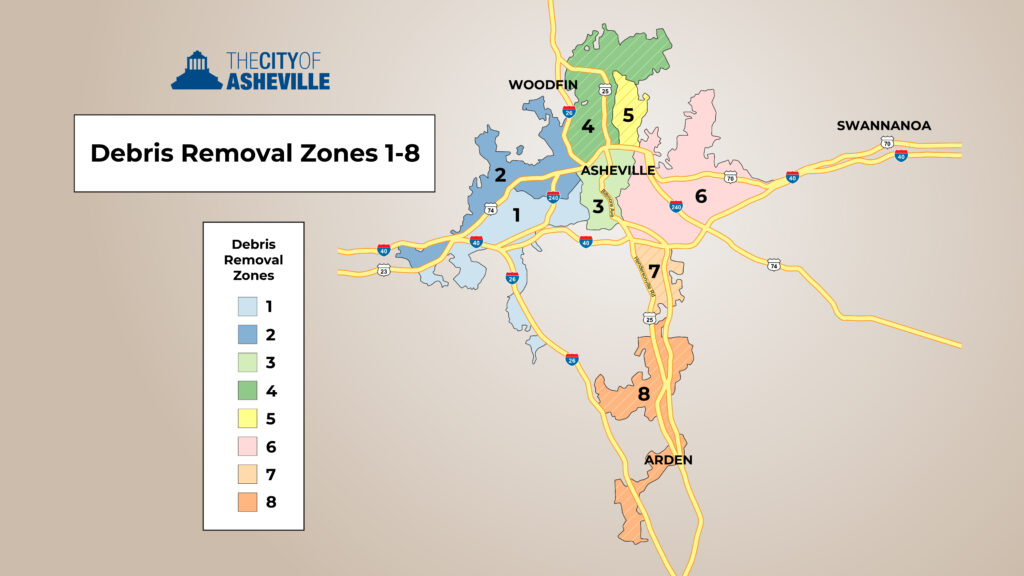 Map of zones for storm debris removal Light blue-Zone 1/West Asheville Dark blue-Zone 2/North West Asheville Light green-Zone 3/Downtown Asheville Dark green-Zone 4/North Asheville Yellow-Zone 5/North East Asheville Red-Zone 6/East Asheville Light orange-Zone 7/South East Asheville Dark orange-Zone 8/South Asheville