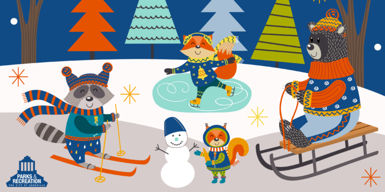 a cartoon holiday scene with ice skating children and animals