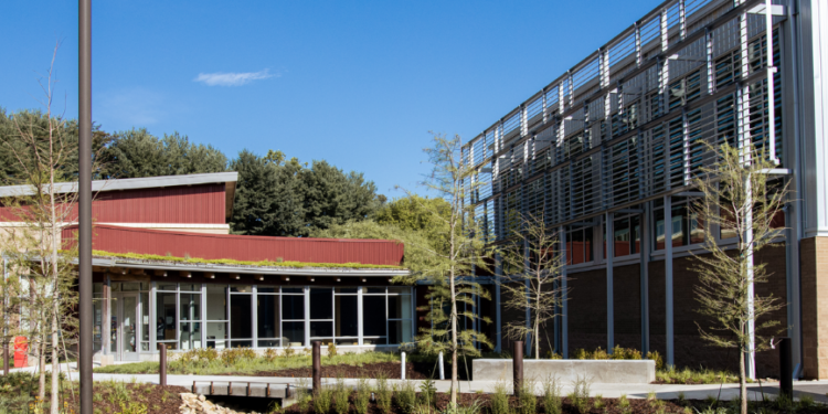 photo of community center with blue sky